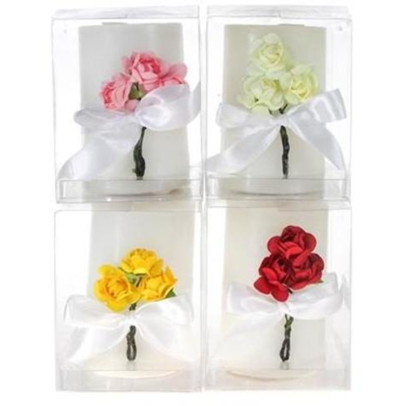 White Pillar Candle with Roses & Ribbon – Assorted, Light Scent