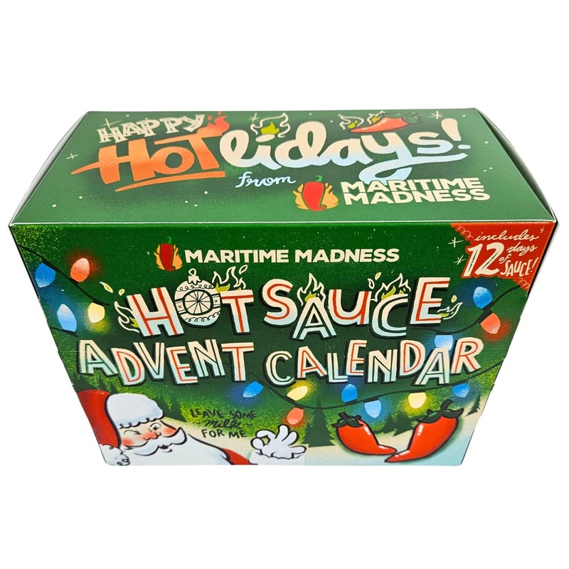 Hot Sauce Advent Calendar 2024 includes 12 x 95ml squeeze bottles of Maritime Madness Hot Sauce Made in Canada. Gluten Free Soy Free Dairy Free. Makes a great Christmas gift for the Chilehead on your list!