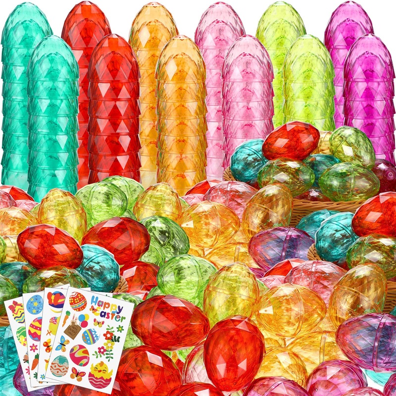 Large Diamond Easter Eggs with Easter Stickers 3 Inch Fillable Plastic Pastel Easter Eggs Translucent Colorful Easter Eggs Bulk for Filling Treats Basket Stuffer Filler Easter Hunt Party (48 Pcs)