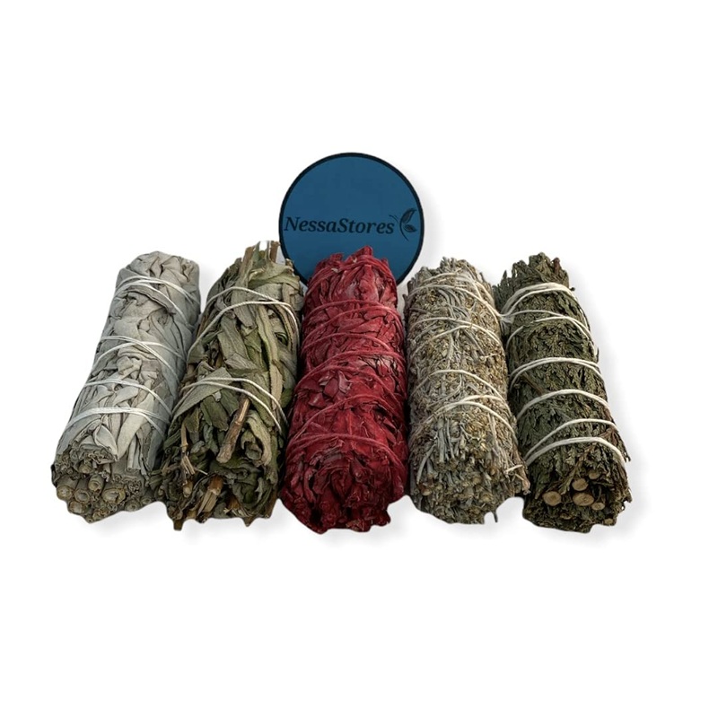 NESSASTORES – 5 pcs Smudge Sampler Kit of White Sage, Black Sage, White Sage Dragon’s Blood, Blue Sage, Cedar 4″ Bundles #JC-209 (3 Kits)