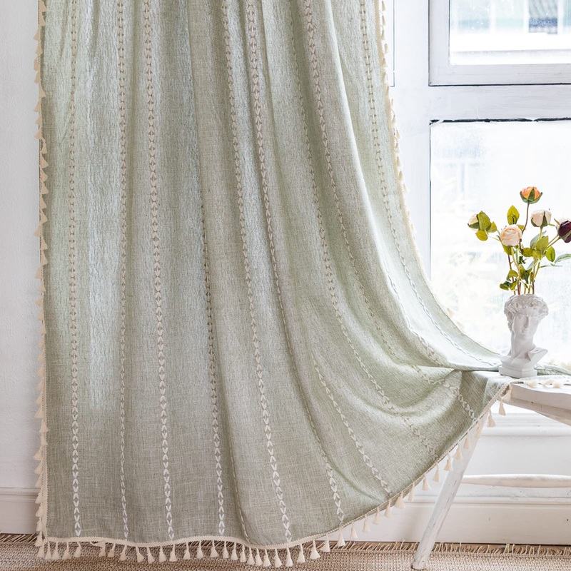 RoomTalks Sage Green Boho Farmhouse Curtains for Bedroom Living Room 84 Inch Length French Country Summer Spring Cute Linen Window Curtain Panels Striped Bohemian Chic Tassel Draperies, 84L x 52W 84”L x 52”W Sage Green