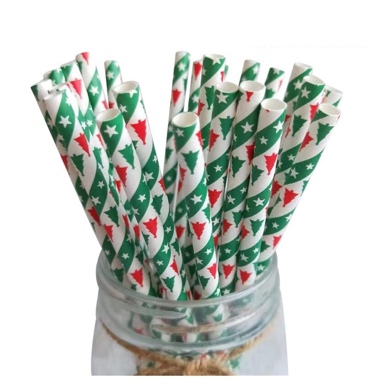 Wshao Store 25pcs Christmas Paper Straws Snowflake Drinking Straw Merry Christmas Decorations for Home 2023 Xmas New Year Party Supplies (Color : 4-red Green Tree)