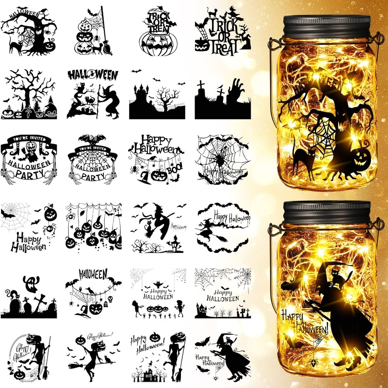 24 Pcs Halloween Decorations Black Halloween Silhouette, Halloween Cutouts Home Vintage Halloween Decor, Scary Party Wall Decorations Window Decals for Lantern Jar Craft Wall Windows Decoration