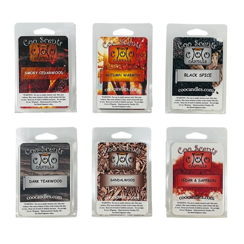 6 Pack Soy Blend Candle Wax Bar Melts – Fall or Autumn Pack of Woodsy, Masculine, or Musky scents. Smoky Cedarwood, Black Spice, Autumn Warmth, Sandalwood, Dark Teakwood, Cedar and Saffron