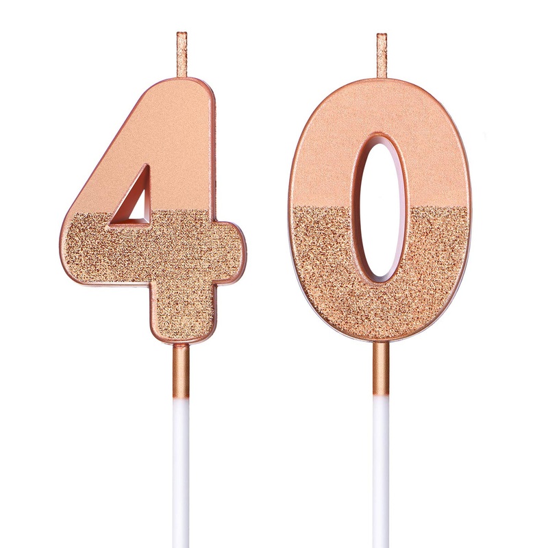 BBTO 40th Birthday Candles Glitter Cake Numeral Candles 40th Happy Birthday Cake Topper Numeral Candles for Birthday Party Wedding Decoration Anniversary Celebration Favor, Rose Gold