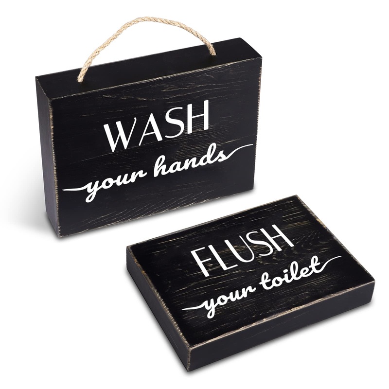 Black Farmhouse Bathroom Sign and Plaque (Set of 2), Wash Hand and Flush Toilet, Rustic Farmhouse Wood Bathroom Decor