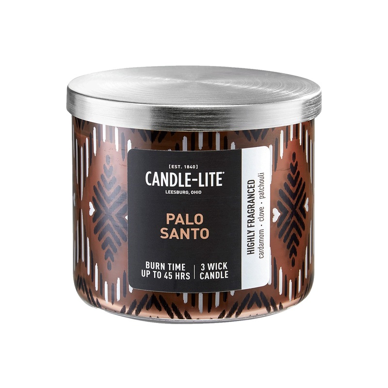 Candle-Lite Premium 3-Wick Palo Santo Scented Candle, 14 oz. Aromatherapy Candle with Glass Jar, Brown