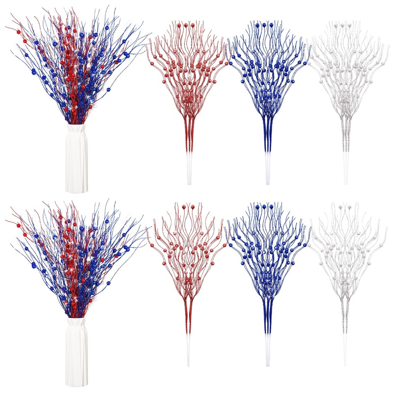 Giegxin Patriotic Artificial Berry Stems 17 Inch Fall Berry Picks 4th of July Glitter Berry Stems Patriotic Picks for 4th of July Independence Day Decor (Red  Blue  White  16 Pcs) Red  Blue  White 16