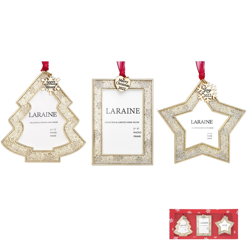 Laraine Christmas Tree Ornaments 3 Pieces  Decorative Hanging 2022 Star Pendant with Small Picture Frame Insert for Baby and Pet Holiday Keepsake Gift (Gold (2022))