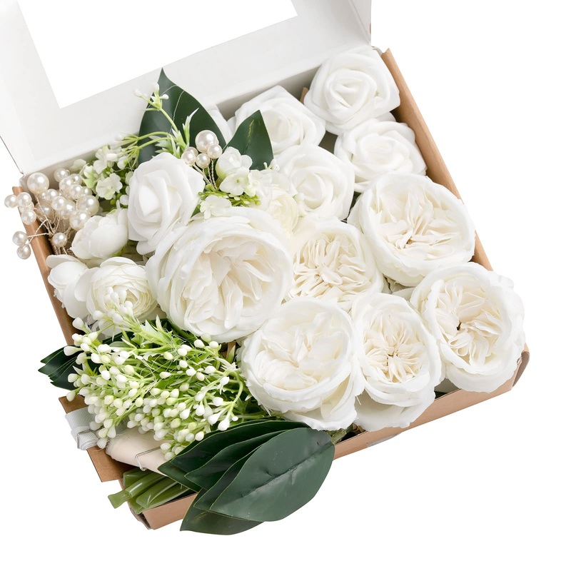 Ling’s Moment Artificial Flowers and Greenery Combo Box Set for DIY Wedding Wrist Corsages, Can Make 7 Wedding Wrist Corsages with DIY Material, Tools and Instruction (White and Sage)
