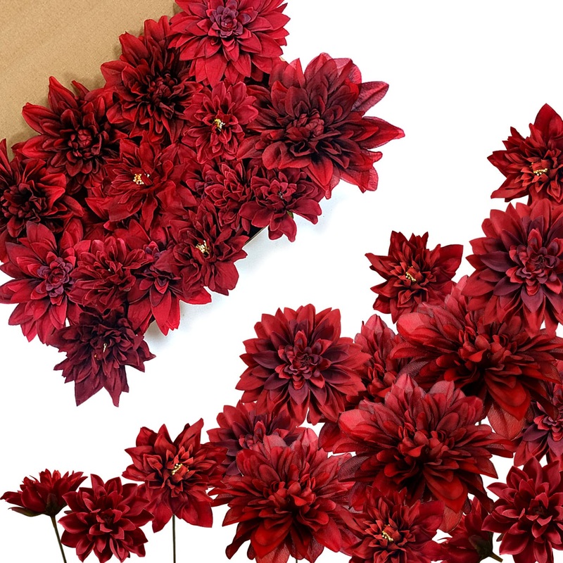 OrgMemory Silk Flowers  Artificial Flower Bouquet  Artificial Flowers Combo Box  Flowers with Stems for DIY Floral Arrangements Bouquets Wedding Party Home Baby Shower Decor (Burgundy Dahlias)