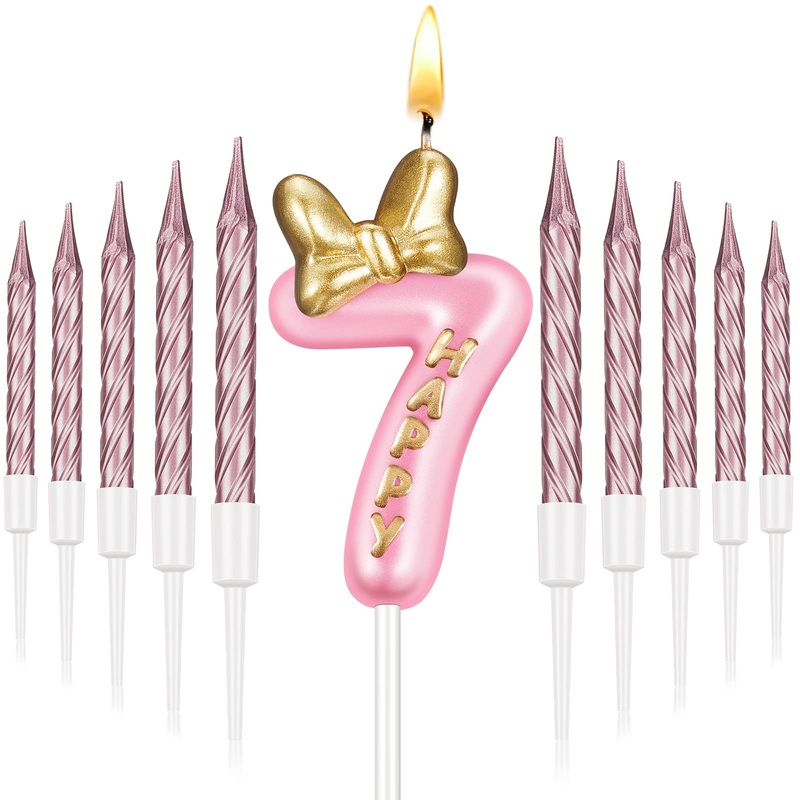 Pink Birthday Candle Girl,Number Birthday Cake Topper with 10 Pieces Rose Gold Birthday Candles Long Thin Cupcake Candles in Holders for Cake Topper Birthday Baking Decor Supplies (Number 7 Style)