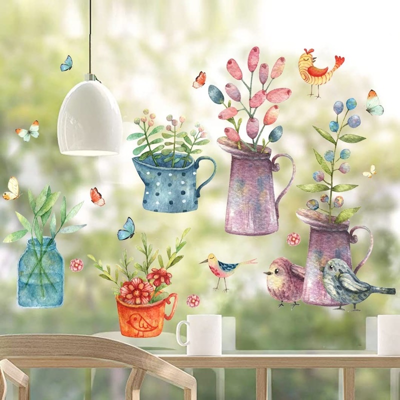 WandSticker4U – Reusable window stickers flowers vases vintage window stickers self-adhesive plants birds spring living room kitchen bathroom children’s room decoration large Flower Vases