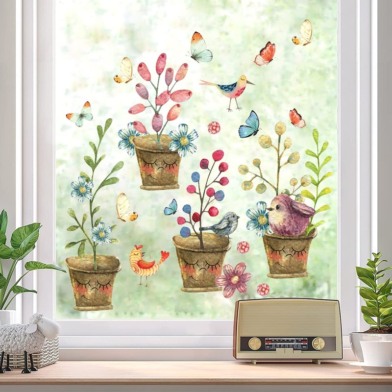 WandSticker4U – Reusable window stickers self-adhesive flower pot vintage I window sticker window sticker flowers plants birds spring living room kitchen bathroom children’s room large C. Flower Pot
