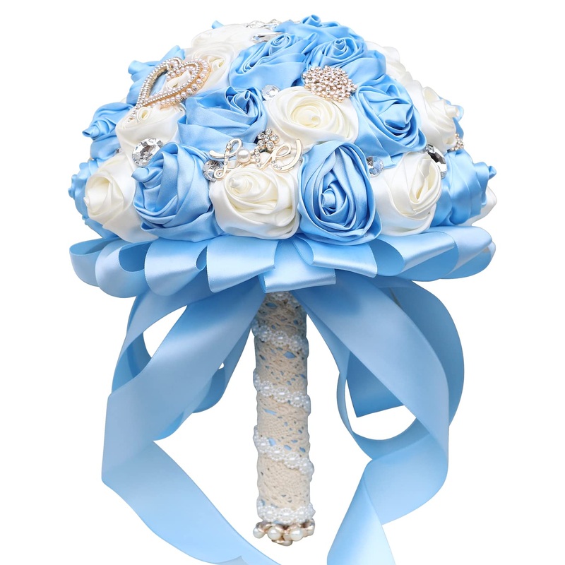 WIFELAI-A New Silk Bridal Bouquet Big Rhinestones Silk Hold Bouquet Diamond Brooch Bride Wedding Bouquet W373B-21 Baby Blue Ivory
