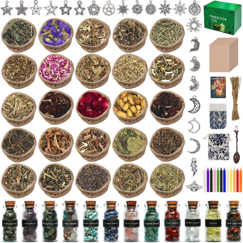 Witchcraft Supplies Kit 110 PCS, Aberer Beginner Witchcraft Kit for Altar Supplies,Wiccan Supplies and Gifts- Crystal Jars, Dried Herbs, Colored Candles, Spiritual Items for Witch Spells Altar Decor