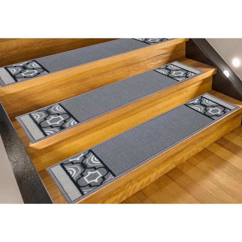 RugStylesOnline Trellis Border Custom Size Gray 7.5 in. x 32 in. Indoor Carpet Stair Tread Cover Slip Resistant Backing (Set of 3) X071-7.5X32-3