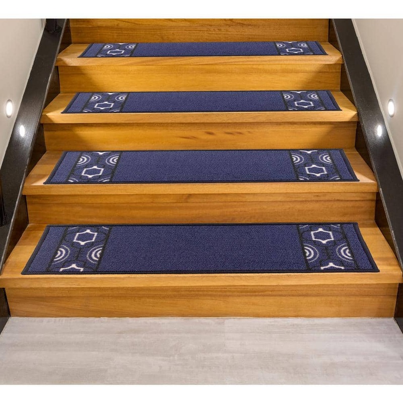 RugStylesOnline Trellis Border Custom Size Stair Treads Navy 9 in. x 36 in. Indoor Carpet Stair Tread Cover Slip Resistant (Set of 13) X074-9X36-13