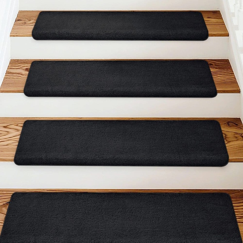 PURE ERA Black 9.5 in. x 30 in. x 1.2 in. Bullnose Plush Indoor Stair Tread Cover Tape Free Non-slip Carpet Set of 14 PE-ST08-BLK14