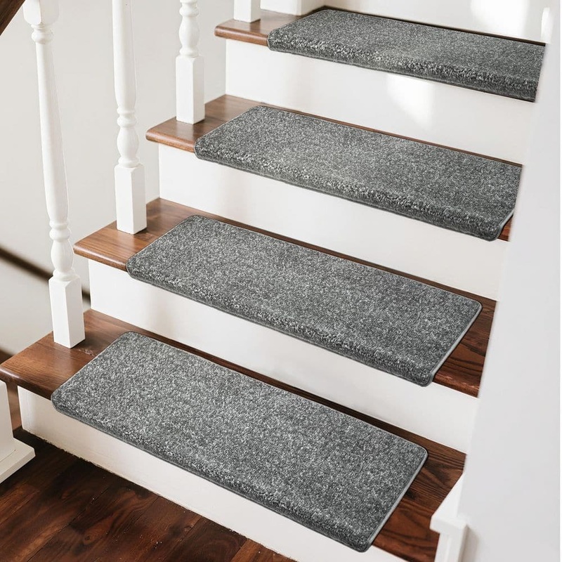 PURE ERA Bullnose Indoor Tape Free Non-Slip Gray 9.5 in. x 30 in. x 1.2 in. Polypropylene Carpet Stair Tread Cover (Set of 14) PE-ST01-GR14