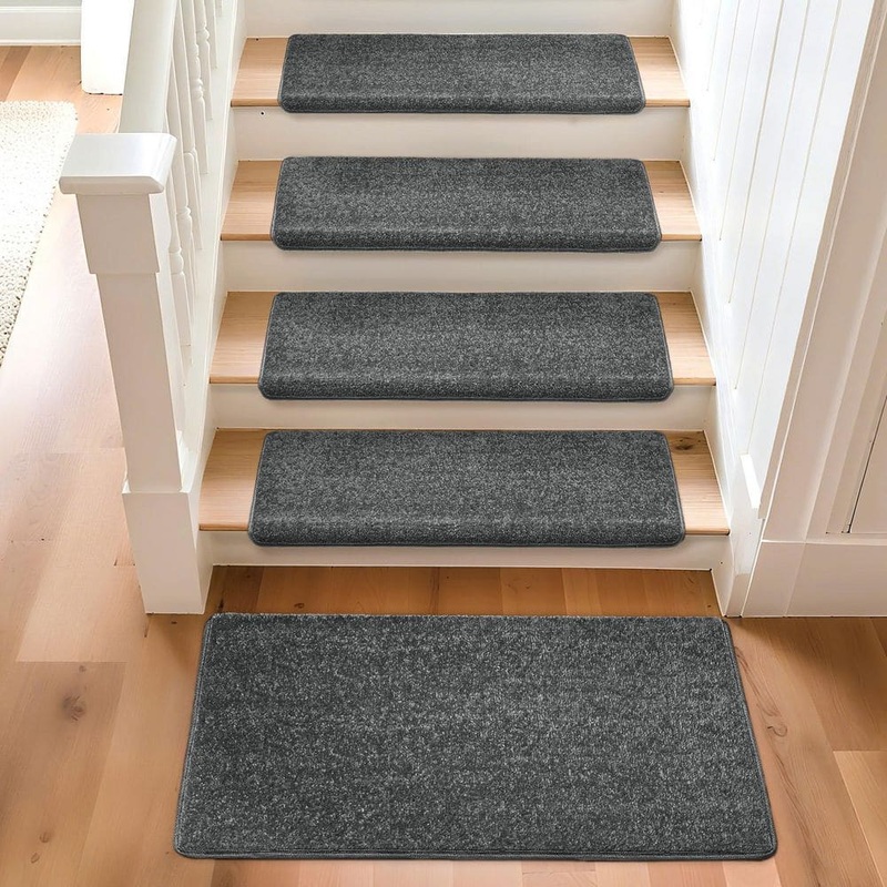 PURE ERA Dark Gray 9.5 in. x 30 in. x 1.2 in. Bullnose Polypropylene Non-slip Carpet Stair Tread Cover Landing Mat (Set of 15) PE-ST0102-DGR14