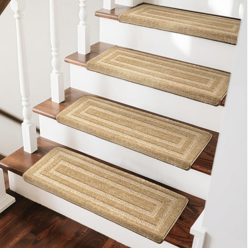 PURE ERA Rectangular Khaki 9.5 in. x 30 in. x 1.2 in. Bullnose Indoor Non-slip Carpet Stair Tread Cover Tape Free (Set of 14) PE-ST01-KHRTG14
