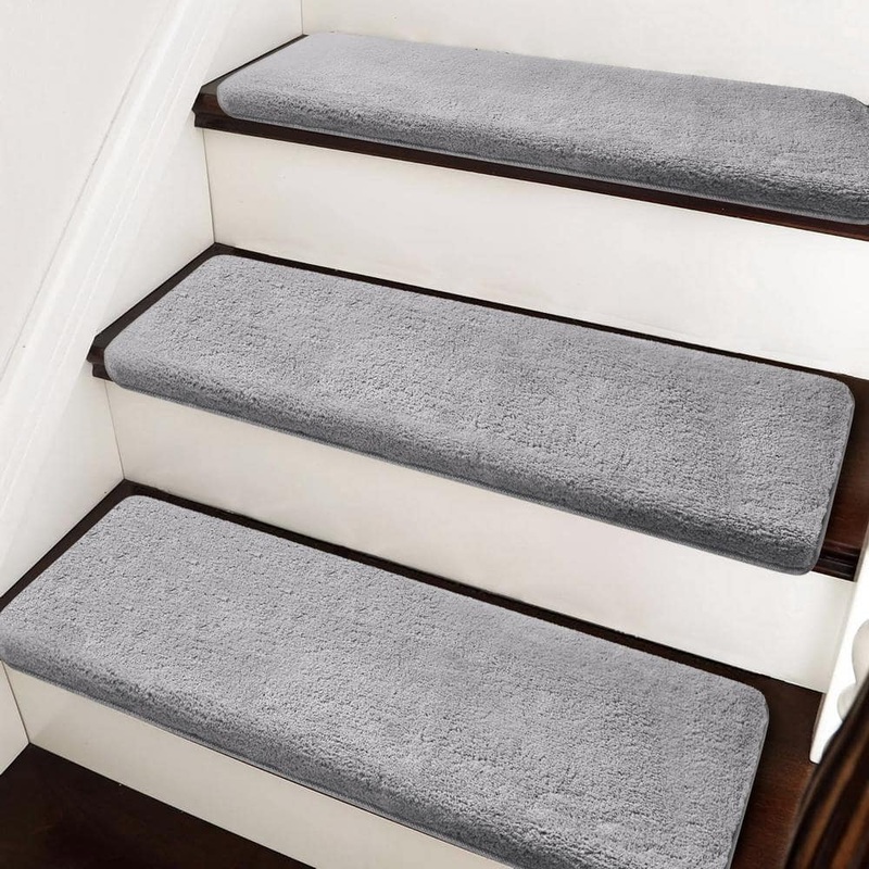 PURE ERA Soft Plush Light Gray 9.5 in. x 30 in. x 1.2 in. Bullnose Indoor Stair Tread Cover Tape Free Non-slip Carpet Set of 14 PE-ST03-LGR14