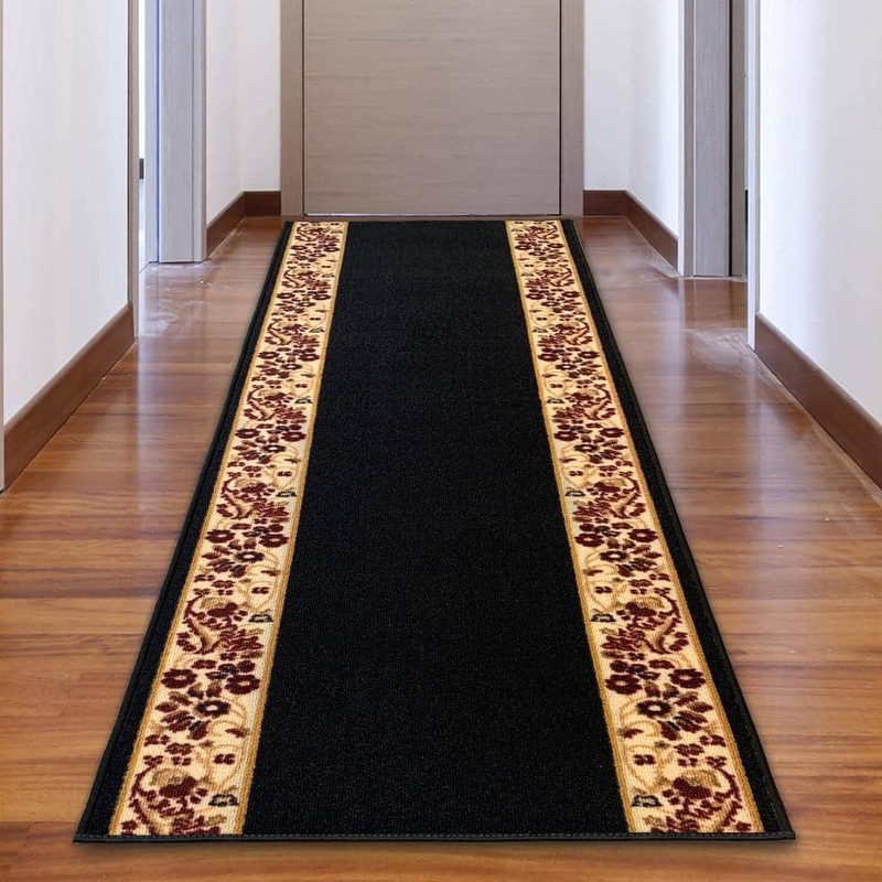 PLAYA RUG Flower Bordered Black Color 31 in. Width x Your Choice Length Custom Size Roll Runner Rug/Stair Runner FLWR-BLCK-31