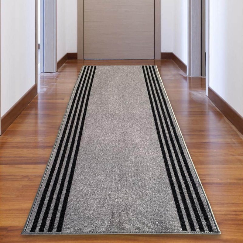 PLAYA RUG Stripes Bordered Black&Gray Color 26 in. Width x Your Choice Length Custom Size Roll Runner Rug/Stair Runner STBOR-BL&GR-26