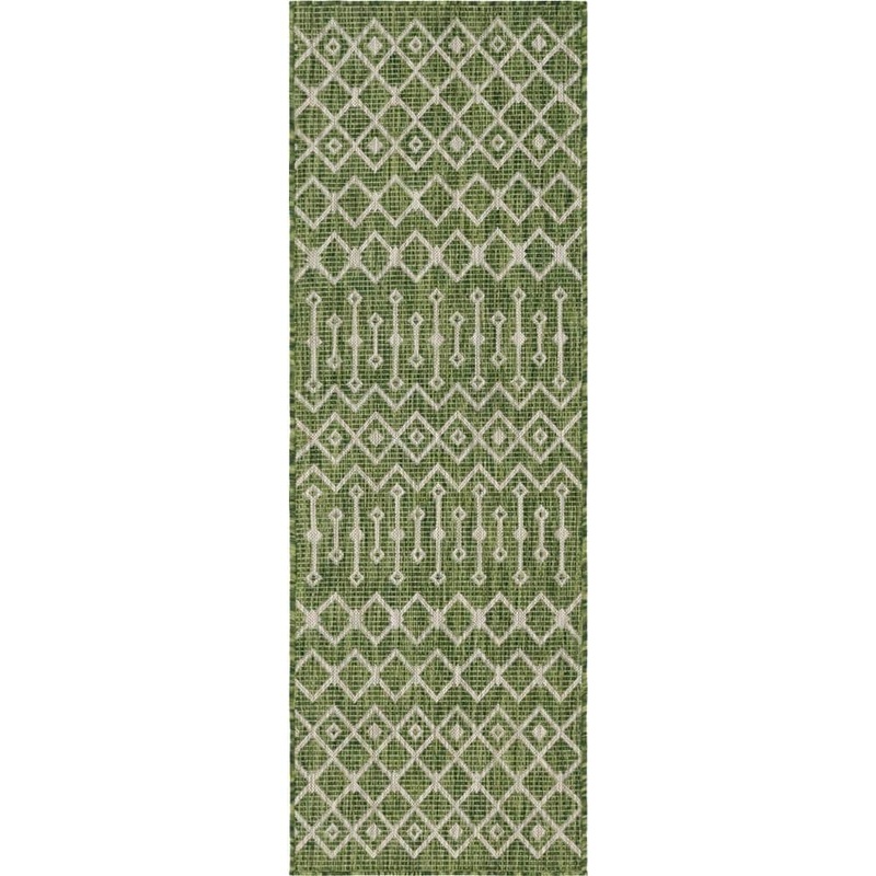 Unique Loom Green/Gray Tribal Trellis 2 ft. x 6 ft. Indoor/Outdoor Runner Rug 3145080