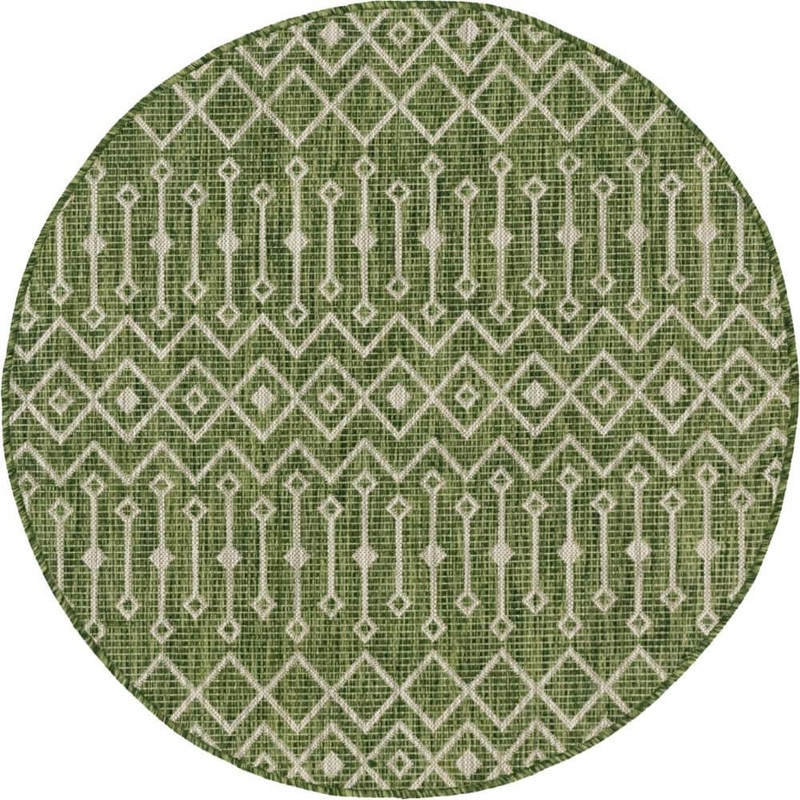 Unique Loom Green/Gray Tribal Trellis Outdoor 4 ft. Round Area Rug 3145079
