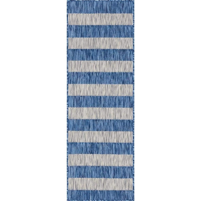 Unique Loom Outdoor Distressed Stripe Azure Blue 2 ft. x 6 ft. Runner Rug 3145347