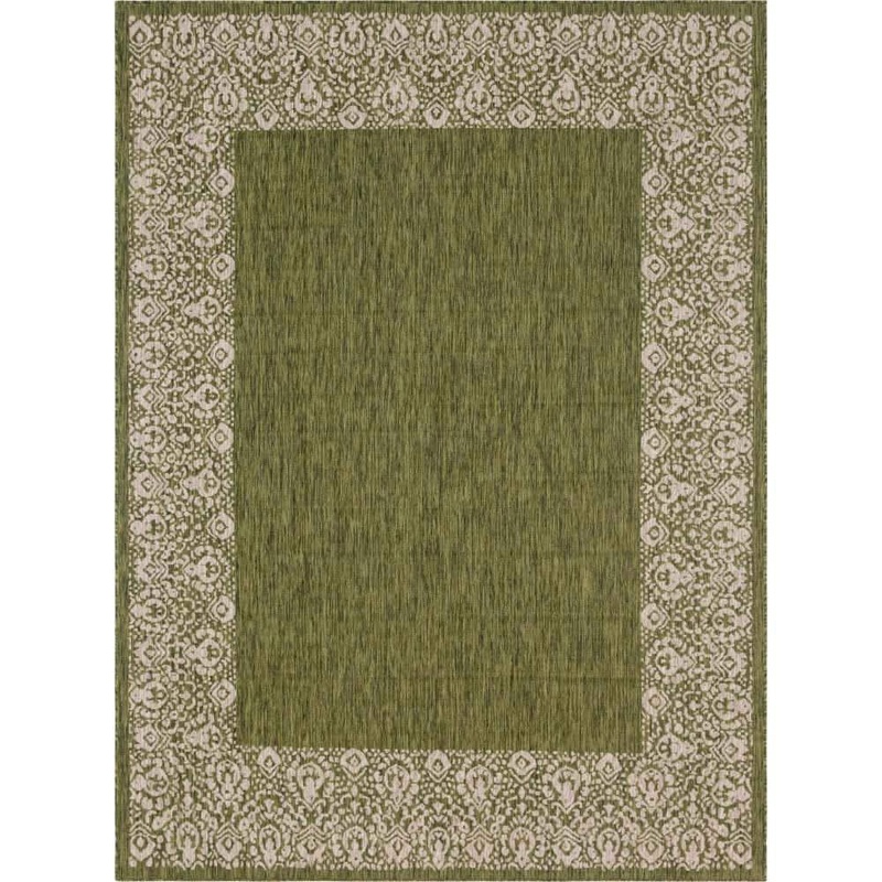 Unique Loom Outdoor Floral Border Green 9 ft. x 12 ft. Area Rug 3144869
