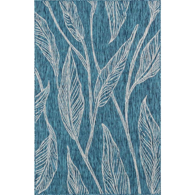 Unique Loom Outdoor Leaf Teal 4 ft. x 6 ft. Area Rug 3144930