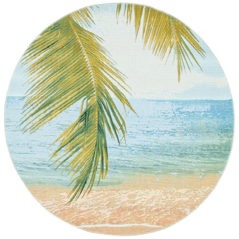 SAFAVIEH Barbados Gold/Blue 5 ft. x 5 ft. Round Seashore Palm Leaf Indoor/Outdoor Area Rug BAR560A-5R