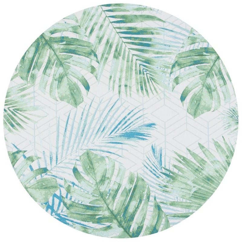 SAFAVIEH Barbados Green/Teal 5 ft. x 5 ft. Round Geometric Leaf Indoor/Outdoor Area Rug BAR590X-5R