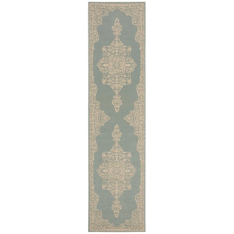 SAFAVIEH Beach House Cream/Aqua 2 ft. x 6 ft. Solid Medallion Floral Indoor/Outdoor Patio  Runner Rug BHS180L-26