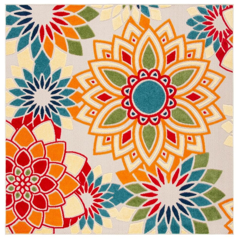 SAFAVIEH Cabana Ivory/Orange 8 ft. x 8 ft. Square Retro Floral Indoor/Outdoor Area Rug CBN328A-8SQ