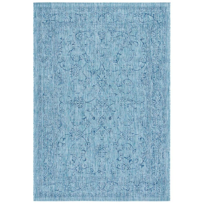 SAFAVIEH Courtyard Aqua/Navy 4 ft. x 6 ft. Border Floral Scroll Indoor/Outdoor Patio  Area Rug CY8680-39412-4