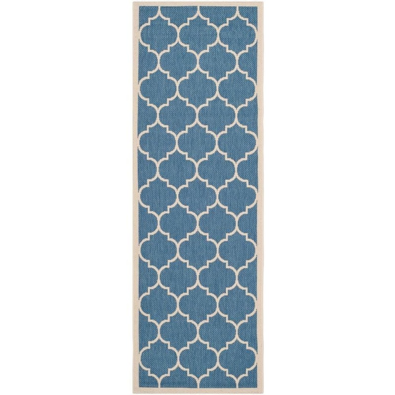 SAFAVIEH Courtyard Blue/Beige 2 ft. x 14 ft. Geometric Indoor/Outdoor Patio  Runner Rug CY6914-243-214