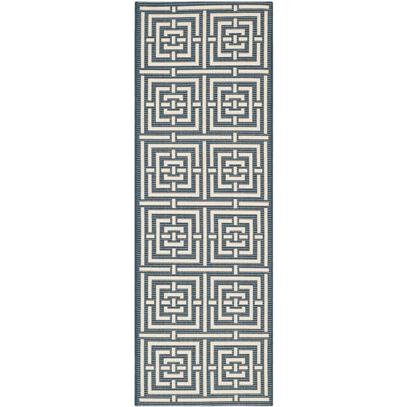 SAFAVIEH Courtyard Navy/Beige 2 ft. x 7 ft. Geometric Indoor/Outdoor Patio  Runner Rug CY6937-268-27