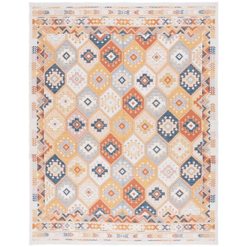 SAFAVIEH Sunrise Gold/Rust Blue 8 ft. x 10 ft. Geometric Trellis Reversible Indoor/Outdoor Area Rug SUN630D-8