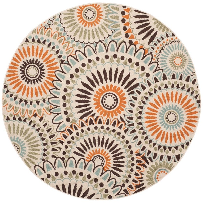 SAFAVIEH Veranda Cream/Chocolate 8 ft. x 8 ft. Floral Geometric Indoor/Outdoor Patio  Round Area Rug VER091-0712-8R