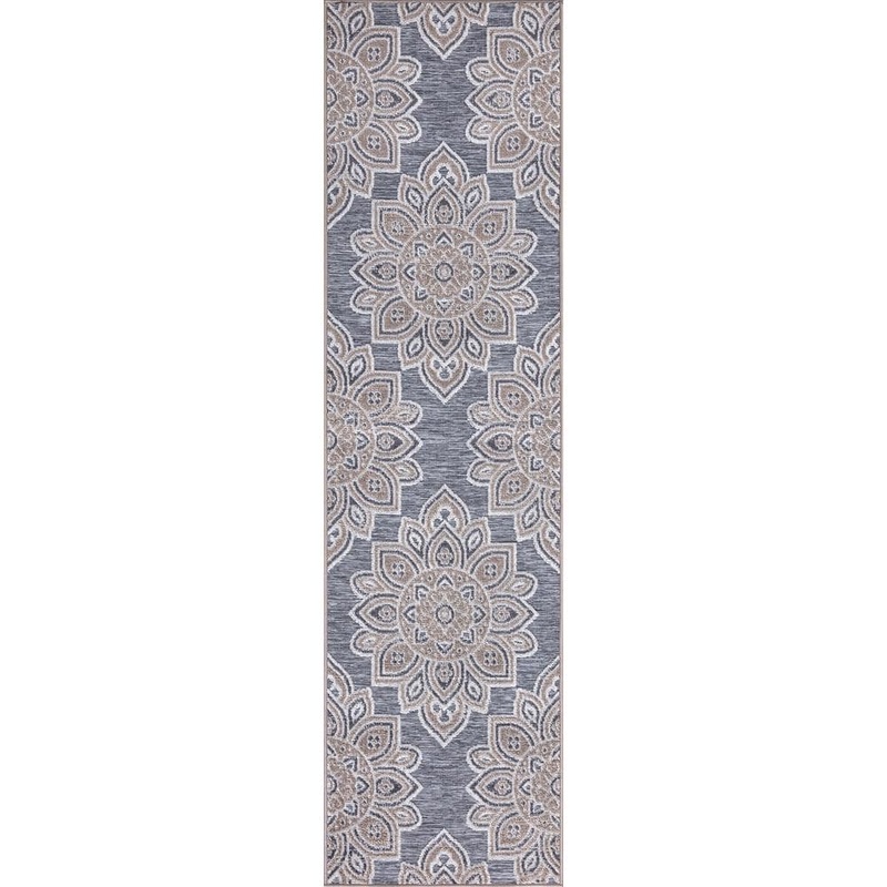 StyleWell Gray 2 ft. x 7 ft. Floral Indoor/Outdoor Patio Runner Rug 28042