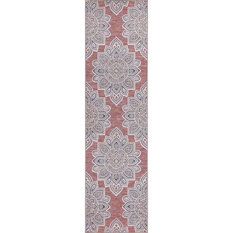 StyleWell Rust 2 ft. x 7 ft. Floral Indoor/Outdoor Patio Runner Rug 28072