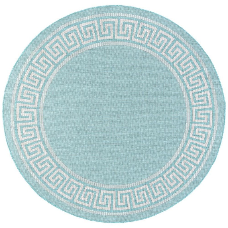 Tayse Rugs Eco Greek Key Aqua 8 ft. Round Indoor/Outdoor Area Rug ECO1006 8RND