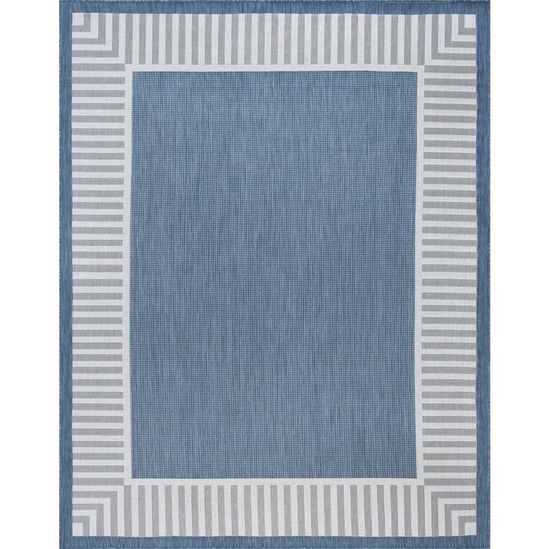 Tayse Rugs Eco Striped Border Blue 8 ft. x 10 ft. Indoor/Outdoor Area Rug ECO1102 8×10