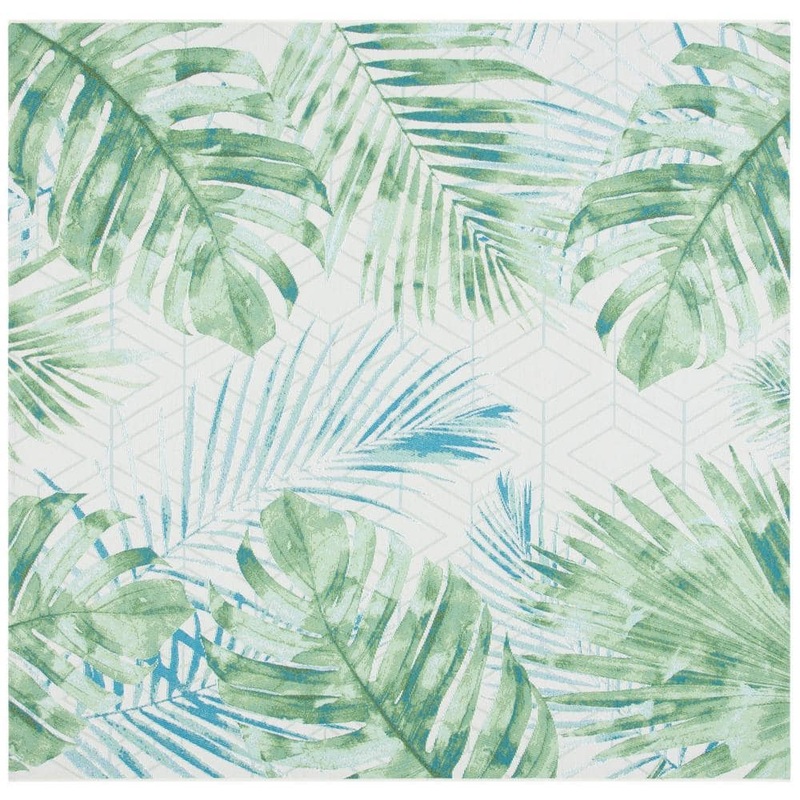 SAFAVIEH Barbados Green/Teal 5 ft. x 5 ft. Square Geometric Leaf Indoor/Outdoor Area Rug BAR590X-5SQ