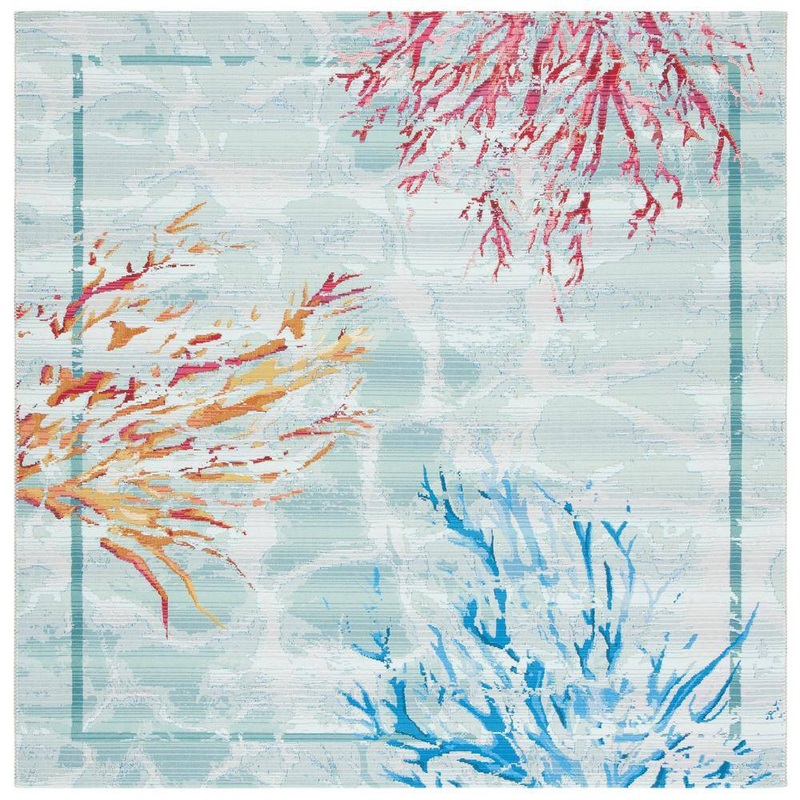 SAFAVIEH Barbados Teal/White 8 ft. x 8 ft. Square Border Nautical Indoor/Outdoor Area Rug BAR535J-8SQ
