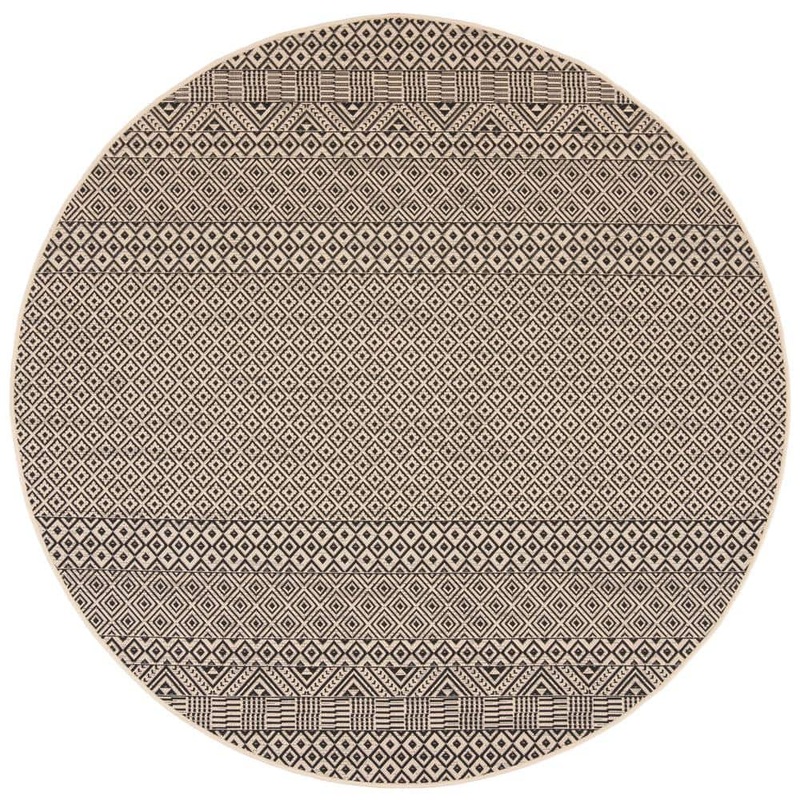 SAFAVIEH Courtyard Beige/Black 4 ft. x 4 ft. Tribal Striped Diamonds Indoor/Outdoor Patio  Round Area Rug CY6235-25612-4R